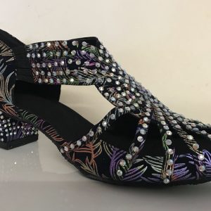 300314 Black Firework Satin with Diamante Stones